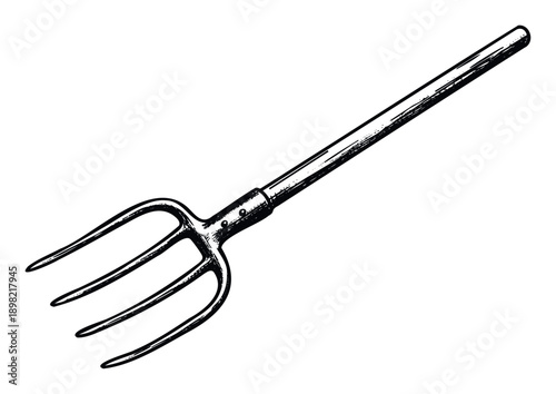 Hand drawn sketch of a classic farming pitchfork, ideal for illustrating traditional agricultural practices, rural life themes, or vintage garden equipment guides.