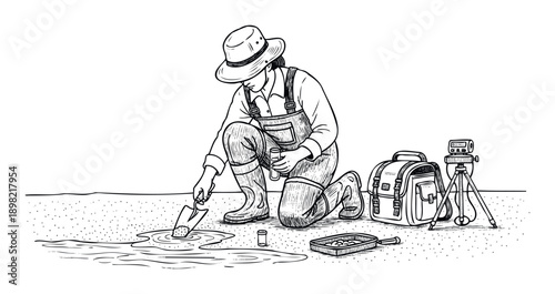 A dedicated environmental scientist wearing a hat and overalls kneels to meticulously collect water and soil samples from a natural stream using a trowel and beaker, symbolizing diligent