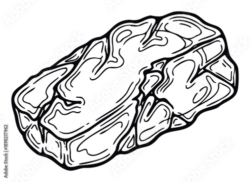Black and white line drawing of a piece of fresh meat with natural fat marbling perfect for food packaging, recipe books, restaurant menus, culinary websites, or butcher shop branding