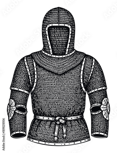 Classic medieval chainmail armor illustration showcasing a knights protective garment complete with a coif and hauberk, ideal for historical period designs and educational content.