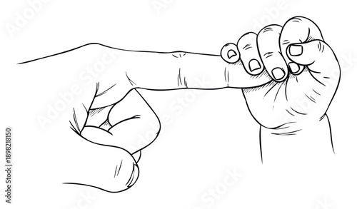 Hand drawn sketch depicting the tender moment of a newborn baby holding an adults index finger, conveying connection, family bond, and parental care, suitable for maternity and childhood