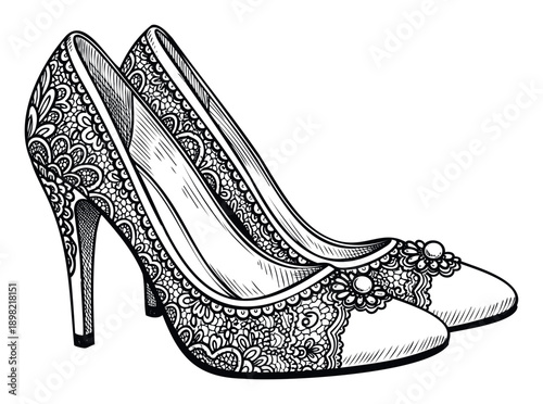Elegant high heel pumps adorned with intricate decorative motifs perfect for luxury apparel branding, special event invitations, or accessory promotion