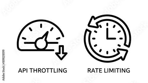 API throttling and rate limiting icons, showing a gauge indicating speed reduction and a clock with arrows for controlling request frequency.