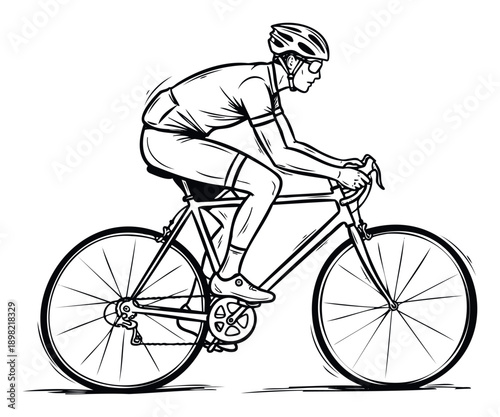 Dynamic black and white line drawing of a male cyclist in a competitive road race position, perfect for sports event promotions, fitness blogs, or active lifestyle branding materials