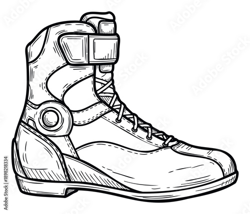 Monochrome drawing of a durable modern boot featuring laces and a securing buckle, ideal for apparel websites, sports equipment brochures, or adventure lifestyle publications.
