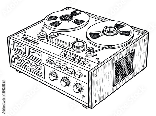 Classic reeltoreel tape recorder machine with intricate mechanical details and user interface elements, perfect for illustrating historical audio technology, music production, or sound