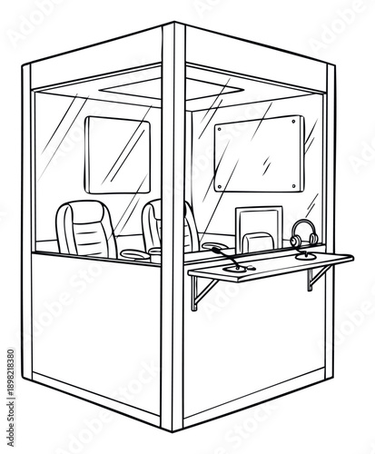 Professional soundproof interpretation booth with glass panels and essential recording equipment providing a functional space for various broadcast and translation services