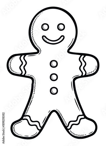 Black and white line drawing of a classic gingerbread man cookie character with a cheerful smile and decorative icing for holiday greetings, recipe books, or festive event promotions.