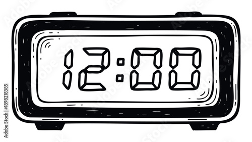 Sketchy black and white digital alarm clock showing exactly twelve oclock ideal for illustrating time management concepts morning routines and important deadlines in various visual projects
