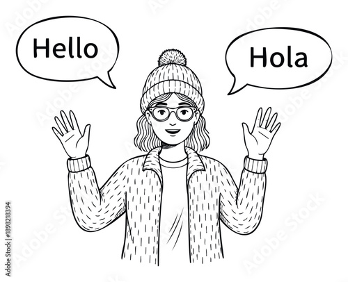 Young woman wearing a warm hat and glasses, cheerfully waving her hands while speech bubbles display Hello and Hola, ideal for educational materials or global communication concepts.