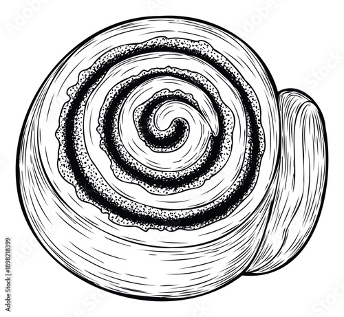 Black and white line drawing of a delicious cinnamon roll pastry with a sweet cinnamon sugar swirl, perfect for bakery menus, food blogs, or dessertthemed graphic projects.