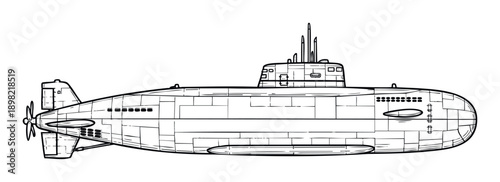 Detailed schematic outline of a military submarine vehicle depicting various parts and hull sections ideal for educational materials or naval history projects