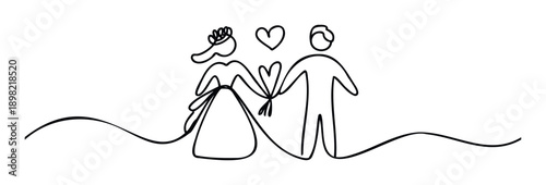 Continuous line drawing of a bride and groom holding hands with a heart symbolizing love, ideal for wedding invitations, anniversary cards, or minimalist relationshipthemed branding and