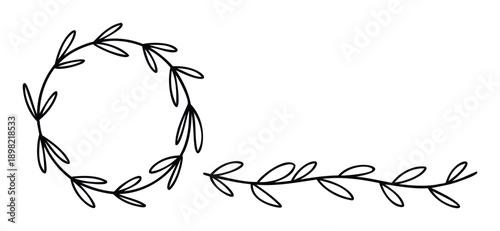 Simple outlined botanical wreath and decorative leaf branch perfect for wedding invitations, greeting cards, elegant stationery, and organic branding projects.