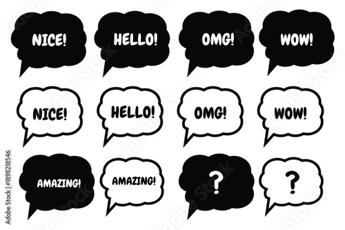 Collection of black and white speech bubbles with various expressions