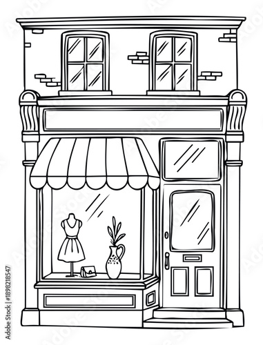 Classic two story outline drawing of a charming urban boutique with a display window featuring a dress and accessories perfect for retail business visual assets