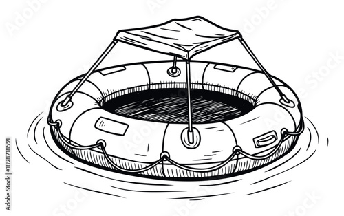 Floating inflatable raft with a protective sunshade canopy suitable for summer vacation travel adventure and water sport outdoor activity marketing materials