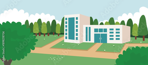 Modern Building in a Green Park Landscape. Office building. Green city. Hospital park. Hotel and Apartment.