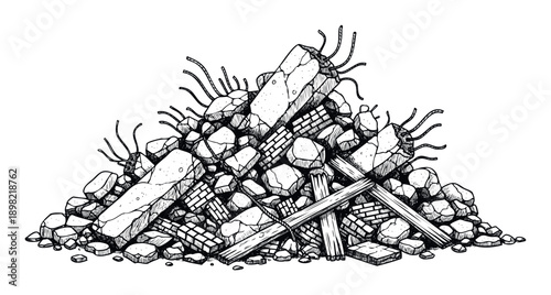 A handdrawn sketch of a substantial pile of construction debris featuring broken concrete, bricks, and twisted rebar, conveying themes of destruction and urban decay for informational