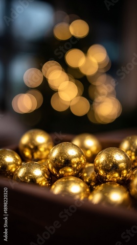 Close up gold holiday ornaments in a wooden bowl, soft bokeh lights for cozy winter mood, festive decor background for Christmas and New Year design