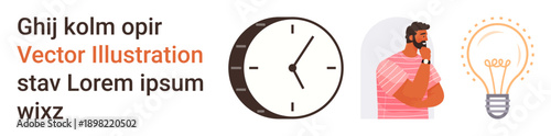 Time management, creativity, productivity, brainstorming, decision-making, innovation. A man in thought, next to a clock and light bulb. Time management and creativity concepts