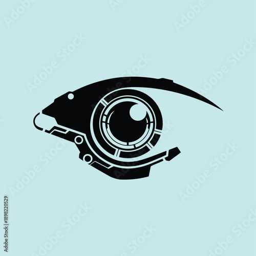A stylized eye with a camera lens replacing the pupil