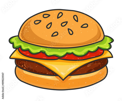 Cartoon cheeseburger illustration with beef patty, melted cheese, lettuce, tomato, and sesame bun, isolated on white background.