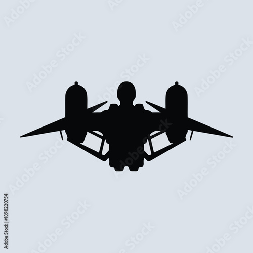 Silhouette of a fighter jet with two pilots in cockpit view from the front.