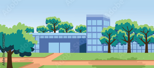 Modern Institutional Building with Green Park Landscape. School Building in Park Environment. Urban Building Complex. Modern Campus Architecture. Apartment. Hospital building. Government building.