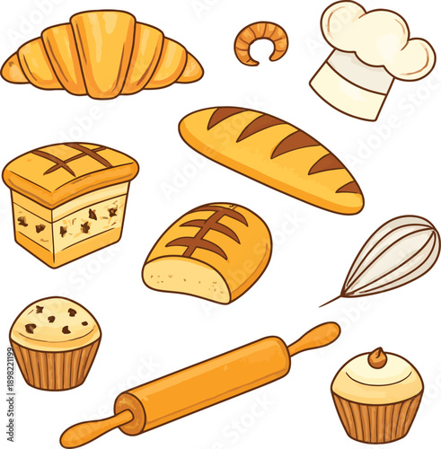 A delicious vector set of different kinds of bakery food icons including bread loaves, baguettes, croissants, and sweet pastry snacks like donuts and chocolate cakes in a cartoon illustration collecti