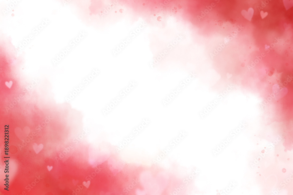 Obraz premium Red watercolor background with hearts and space for text. Romantic rose feminine aquarelle overlay. Watercolour backdrop illustration for fashion, banner, ads, website, poster, cover design