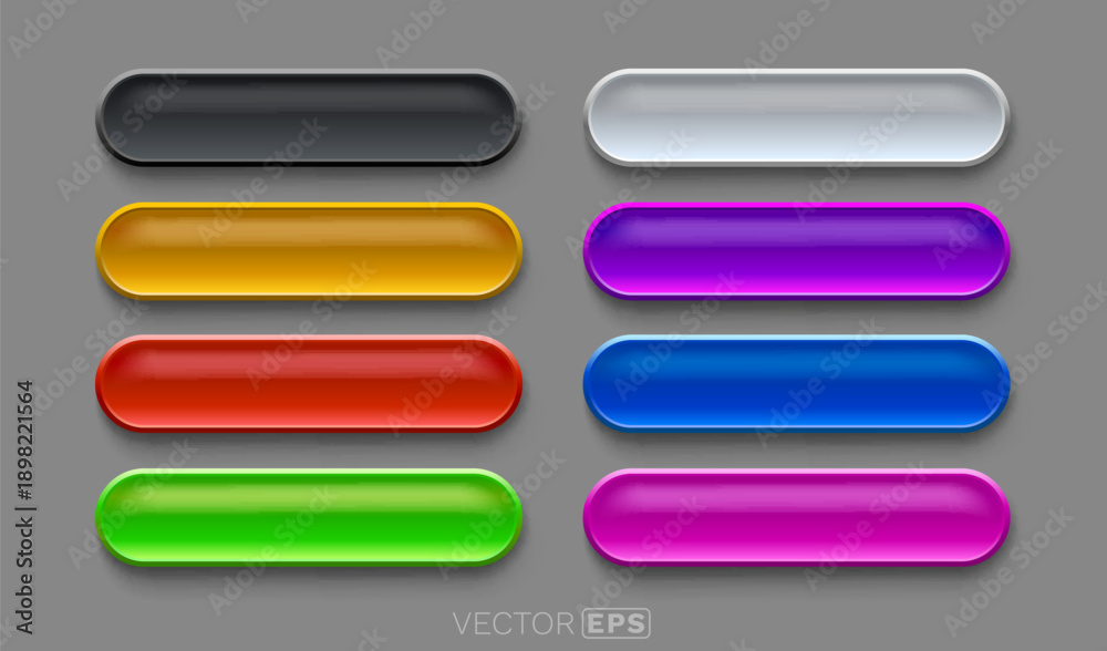 Obraz premium Vibrant set of glossy web buttons with rounded edges and shadow effect. Modern UI element.
