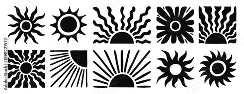Boho suns set with aesthetic and mystical art vibe. Monochrome line art, hand drawn.