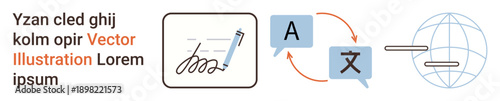 Language learning, global communication, translation services, education tools, international business, multilingual interaction. Pen and writing, translation speech bubbles globe icon. Language