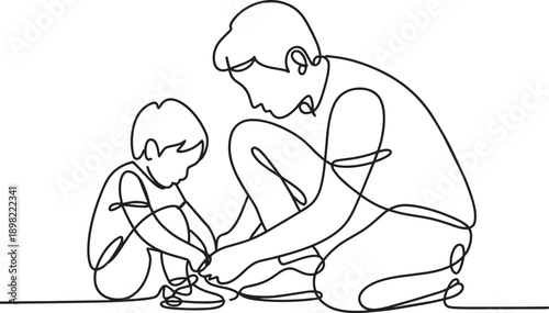 Father helping small son tie shoelaces in continuous line drawing style on transparent background