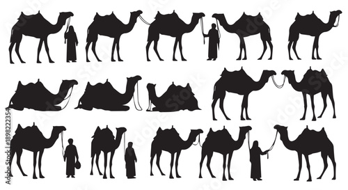 Collection of camel silhouettes with and without people, various poses and actions on white background.