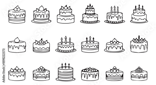 Collection of various decorated cakes with frosting and toppings for birthday celebrations and parties