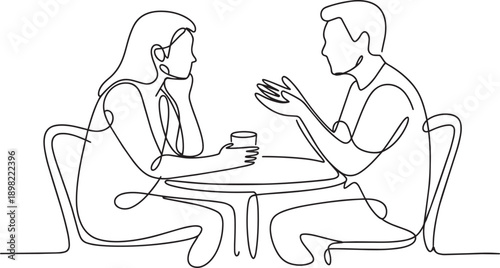 Couple having conversation over coffee at cafe table using minimalist continuous line art style