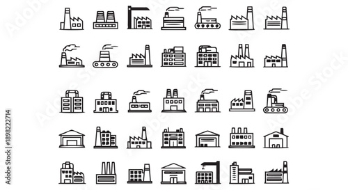 Collection of industrial factory and building icons in line style, depicting various manufacturing and construction sites with smokestacks and machinery.