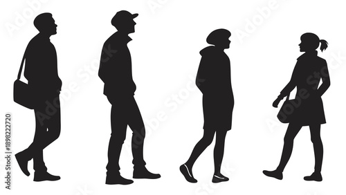 Four people walking in a line in black silhouette