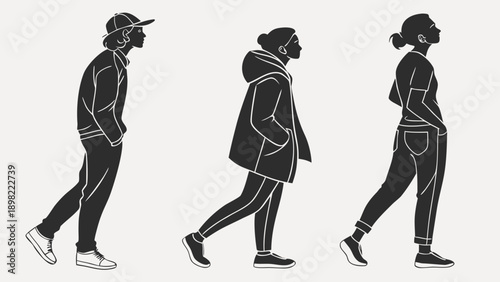 Black and white illustration of three people walking in a row on gray background