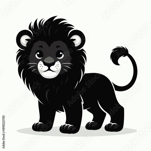 A stylized black lion cub sitting calmly with a friendly expression