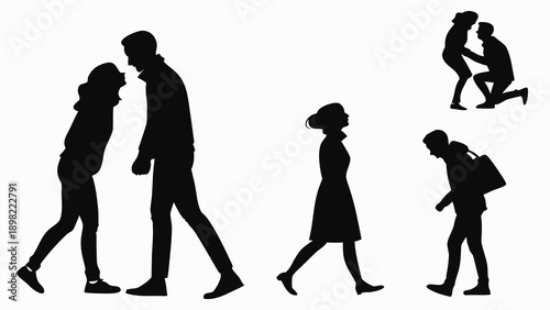 Silhouettes of people walking and interacting in various poses
