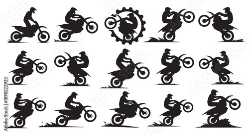 Collection of silhouettes of motorcyclists performing stunts on dirt bikes in various dynamic poses and angles.