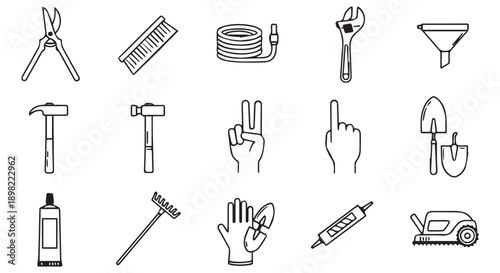 Collection of 15 line icons for gardening and DIY projects, including tools and hand gestures.