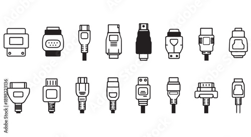Collection of various electronic connectors and plugs, including USB, HDMI, and other types, on a white background.