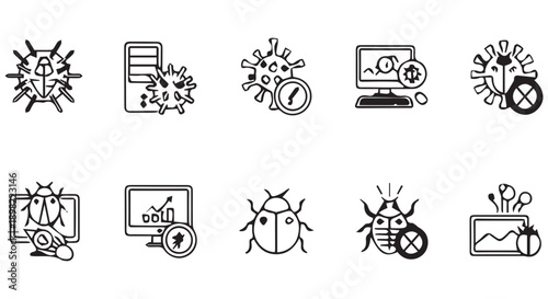 Black line icons depicting various computer viruses and bugs affecting technology and data.