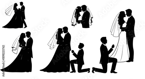 Silhouettes of couples in various romantic wedding and proposal poses

