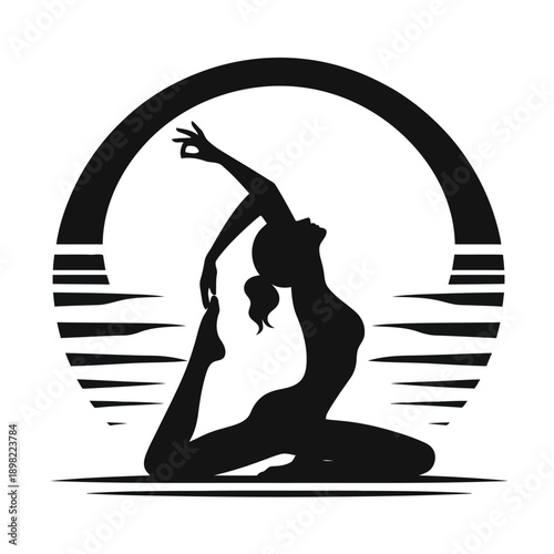 Elegant black and white silhouette of a person in yoga pose with a moon background