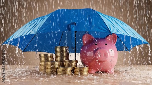 Piggy bank and gold coins protected by blue umbrella in rain financial security concept